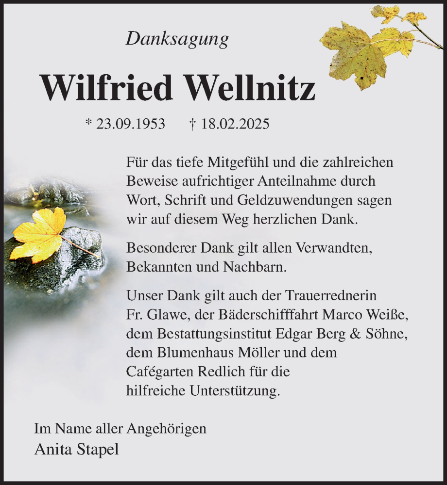  Traueranzeige für Wilfried Wellnitz vom 29.03.2025 aus Ostsee-Zeitung GmbH