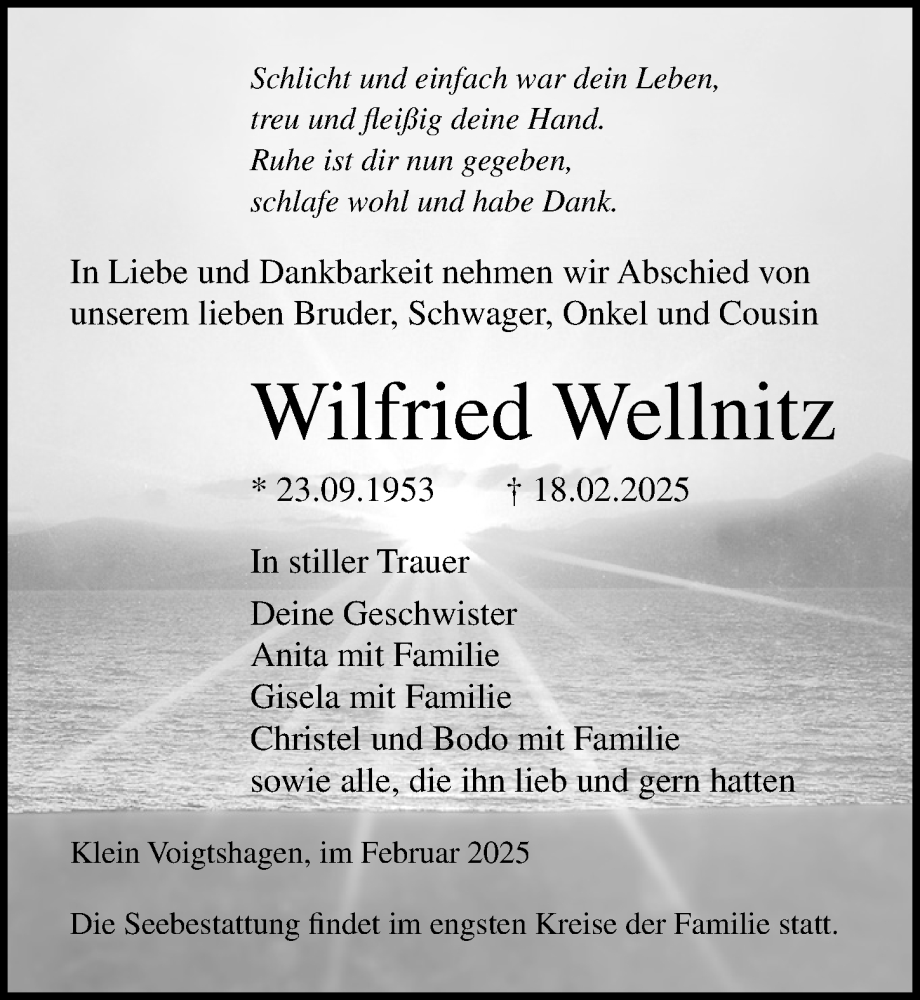  Traueranzeige für Wilfried Wellnitz vom 01.03.2025 aus Ostsee-Zeitung GmbH