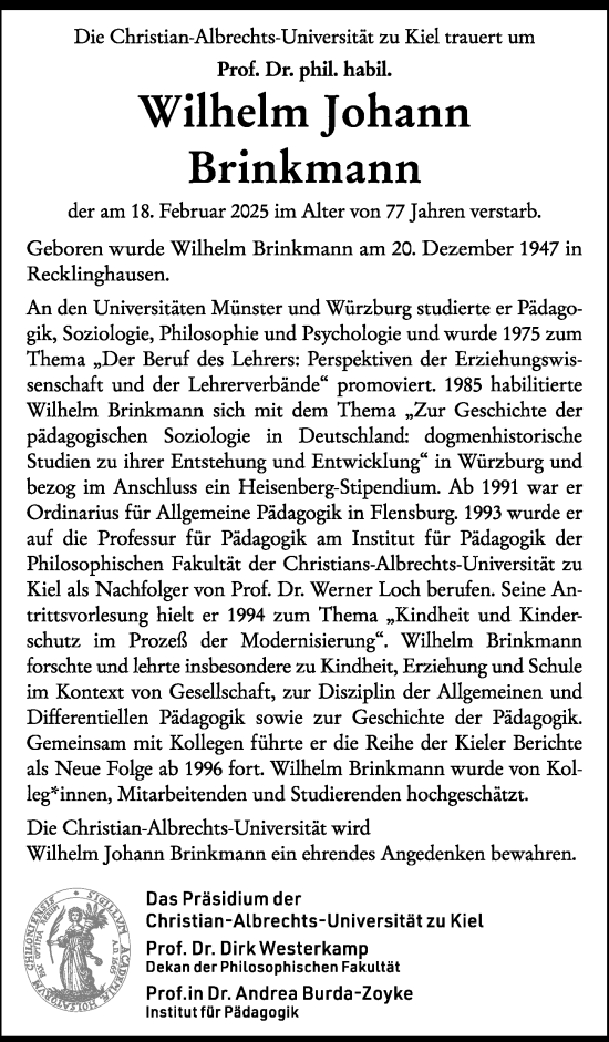 Traueranzeige von Wilhelm Johann Brinkmann von Kieler Nachrichten