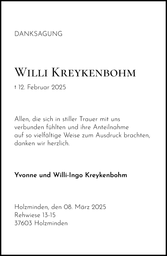Traueranzeige von Willi Kreykenbohm von Täglicher Anzeiger Holzminden