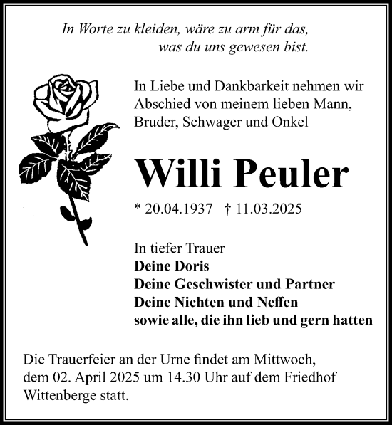 Traueranzeige von Willi Peuler von Wochenspiegel