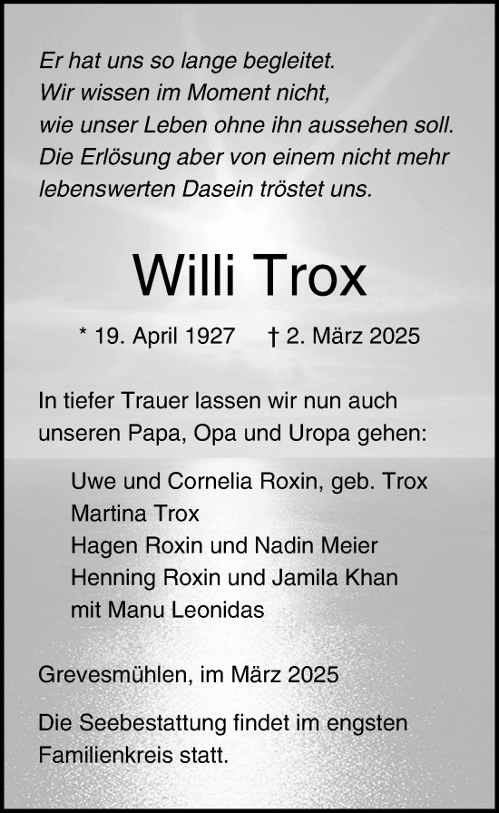 Traueranzeige von Willi Trox von Ostsee-Zeitung GmbH