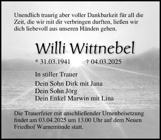 Traueranzeige von Willi Wittnebel von Ostsee-Zeitung GmbH
