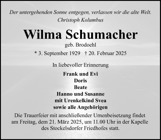 Traueranzeige von Wilma Schumacher von Lübecker Nachrichten
