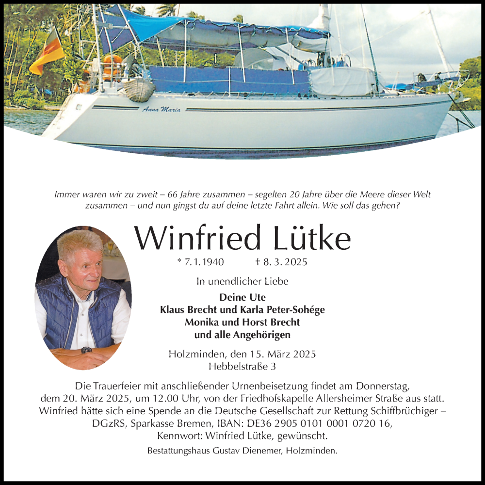  Traueranzeige für Winfried Lütke vom 15.03.2025 aus Täglicher Anzeiger Holzminden
