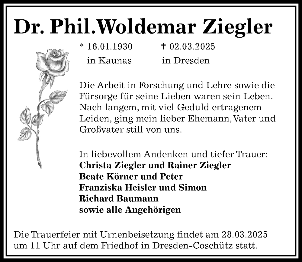  Traueranzeige für Woldemar Ziegler vom 15.03.2025 aus Sächsische Zeitung