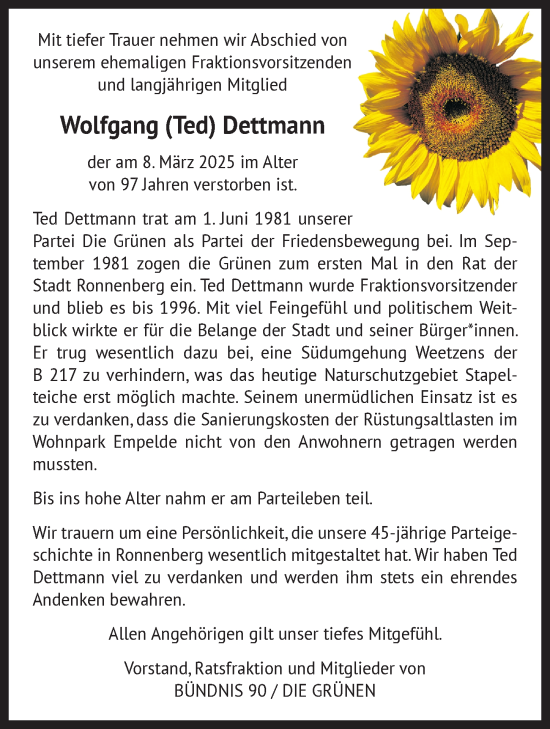 Traueranzeige von Wolfgang Dettmann von Hannoversche Allgemeine Zeitung/Neue Presse