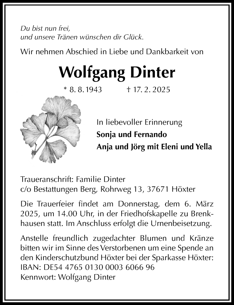  Traueranzeige für Wolfgang Dinter vom 01.03.2025 aus Täglicher Anzeiger Holzminden