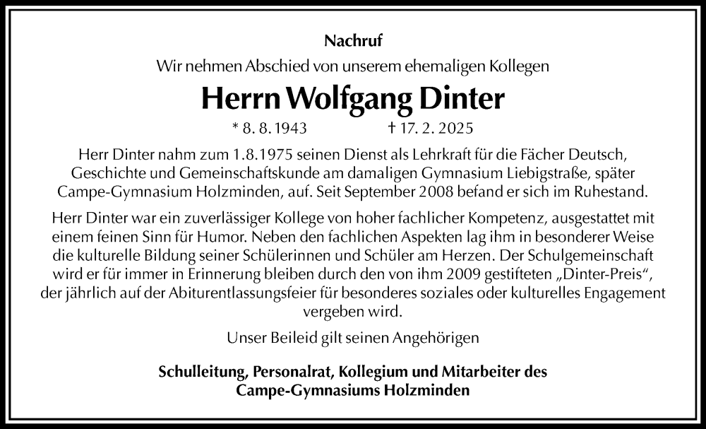  Traueranzeige für Wolfgang Dinter vom 15.03.2025 aus Täglicher Anzeiger Holzminden