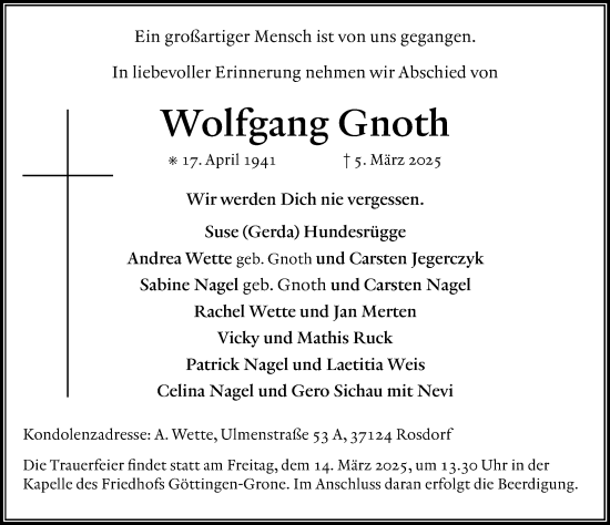 Traueranzeige von Wolfgang Gnoth von Göttinger Tageblatt