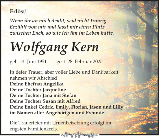 Traueranzeige von Wolfgang Kern von Leipziger Volkszeitung