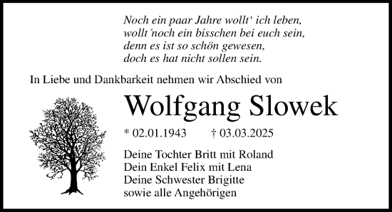 Traueranzeige von Wolfgang Slowek von Ostsee-Zeitung GmbH