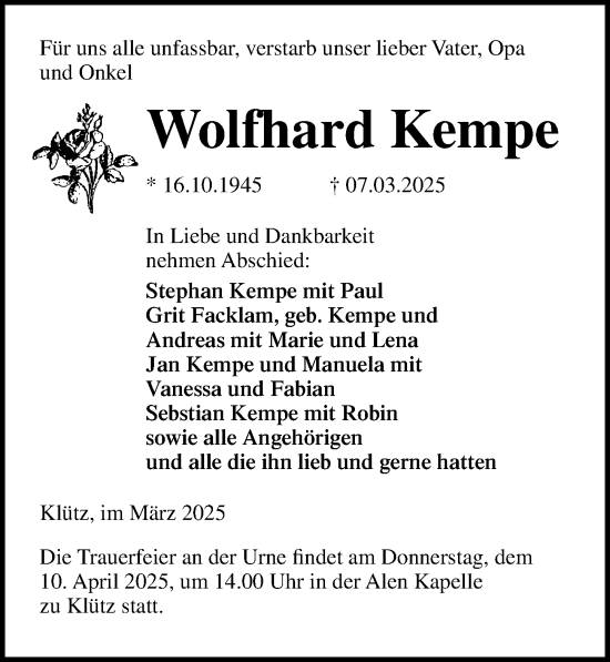 Traueranzeige von Wolfhard Kempe von Ostsee-Zeitung GmbH