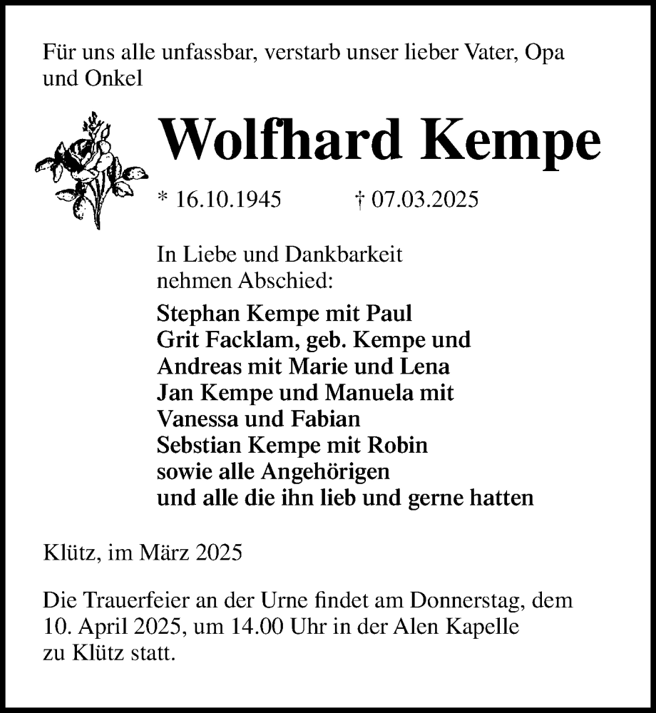  Traueranzeige für Wolfhard Kempe vom 29.03.2025 aus Ostsee-Zeitung GmbH