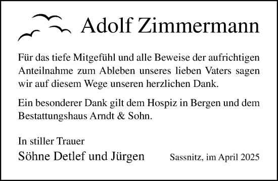 Traueranzeige von Adolf Zimmermann von Ostsee-Zeitung GmbH