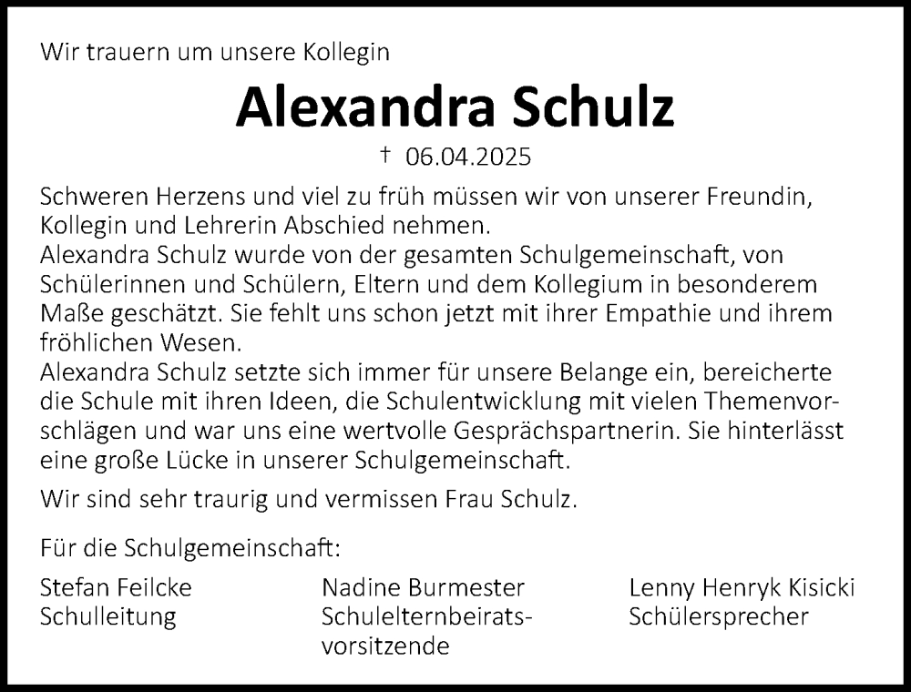  Traueranzeige für Alexandra Schulz vom 20.04.2025 aus Lübecker Nachrichten