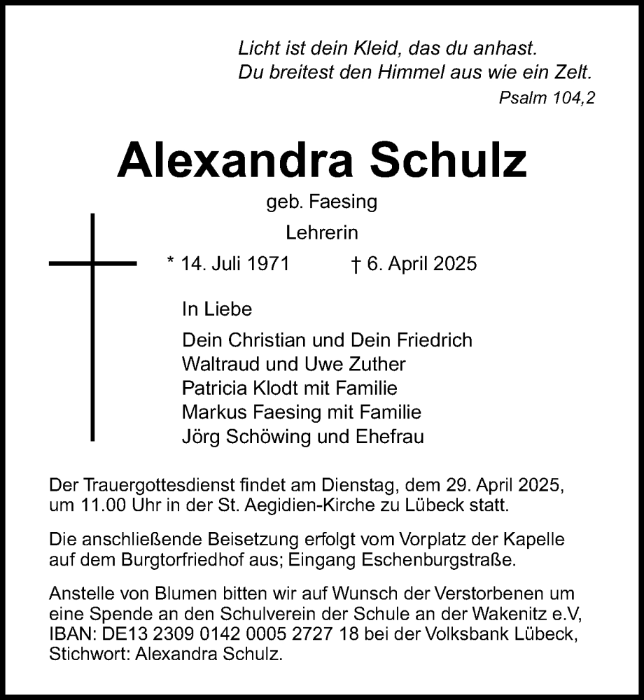  Traueranzeige für Alexandra Schulz vom 20.04.2025 aus Lübecker Nachrichten