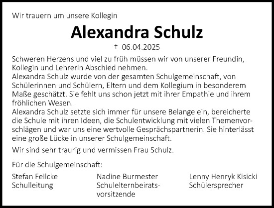 Traueranzeige von Alexandra Schulz von Lübecker Nachrichten