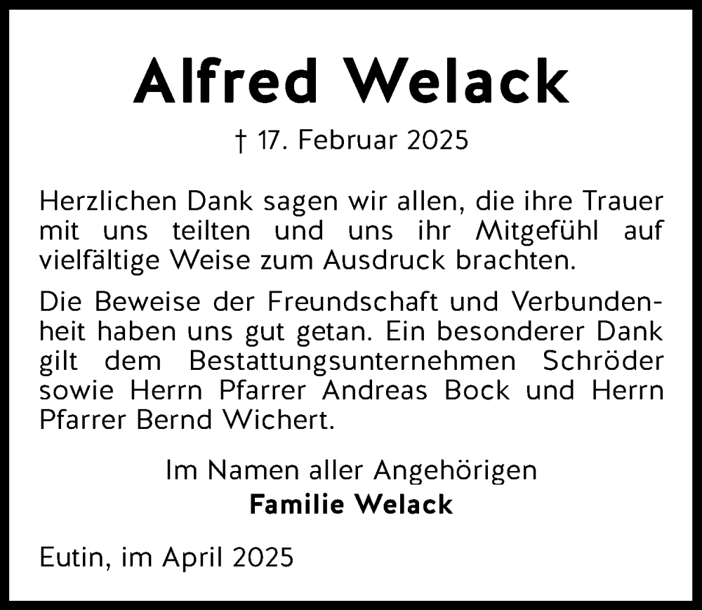  Traueranzeige für Alfred Welack vom 06.04.2025 aus Lübecker Nachrichten
