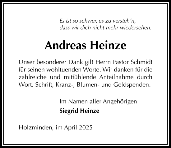 Traueranzeige von Andreas Heinze von Täglicher Anzeiger Holzminden