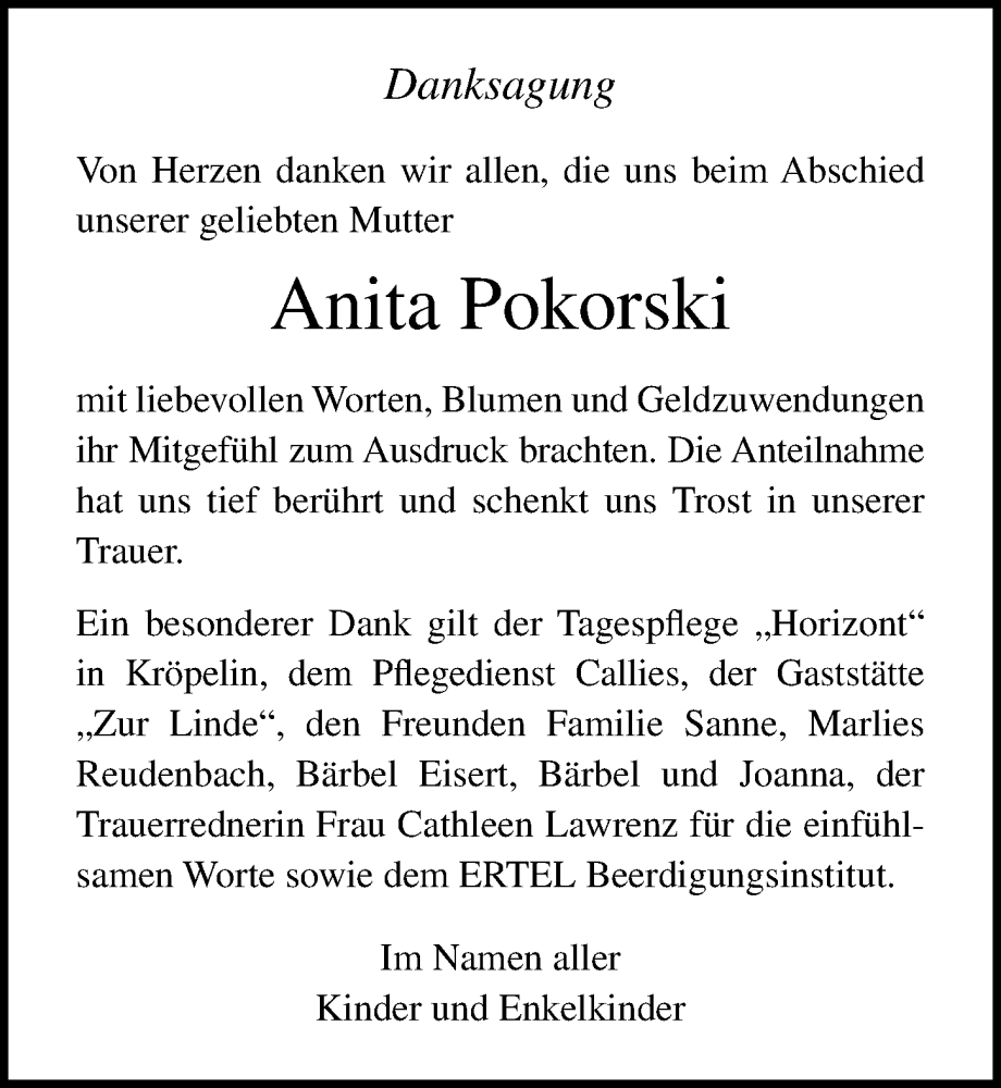  Traueranzeige für Anita Pokorski vom 05.04.2025 aus Ostsee-Zeitung GmbH