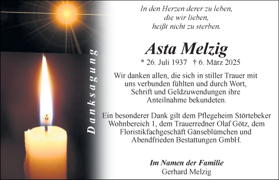 Traueranzeige von Asta Melzig von Ostsee-Zeitung GmbH