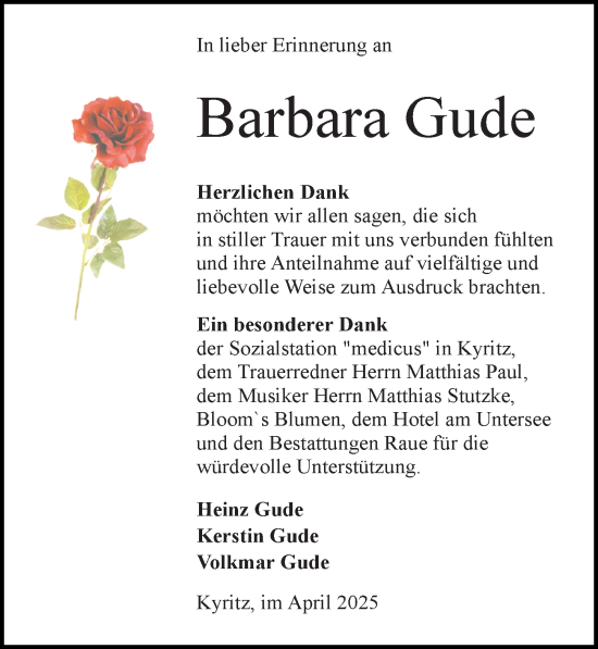 Traueranzeige von Barbara Gude von Wochenspiegel