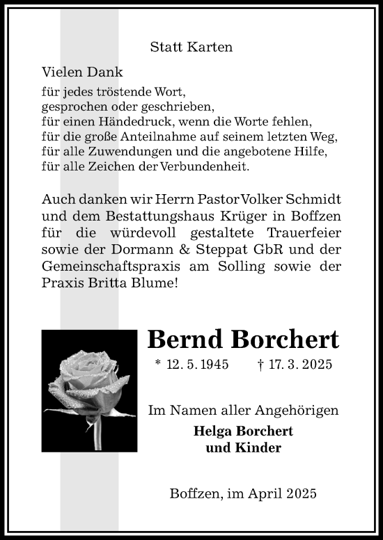 Traueranzeige von Bernd Borchert von Täglicher Anzeiger Holzminden