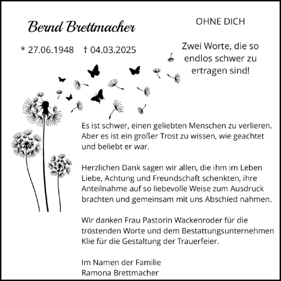 Traueranzeige von Bernd Brettmacher von Göttinger Tageblatt