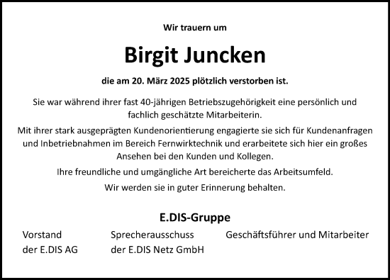 Traueranzeige von Birgit Juncken von Ostsee-Zeitung GmbH