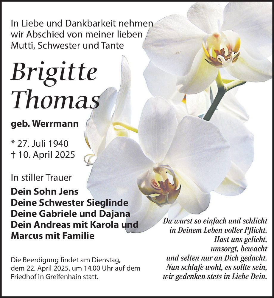  Traueranzeige für Brigitte Thomas vom 19.04.2025 aus Leipziger Volkszeitung