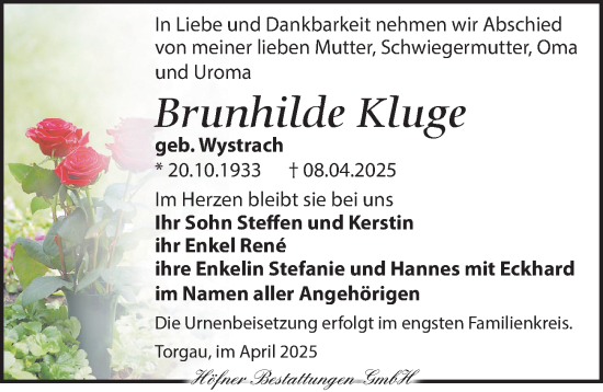 Traueranzeige von Brunhilde Kluge von Torgauer Zeitung