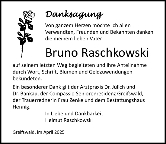 Traueranzeige von Bruno Raschkowski von Ostsee-Zeitung GmbH