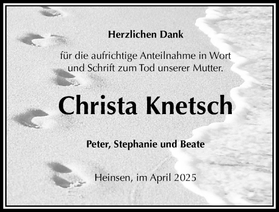 Traueranzeige von Christa Knetsch von Täglicher Anzeiger Holzminden