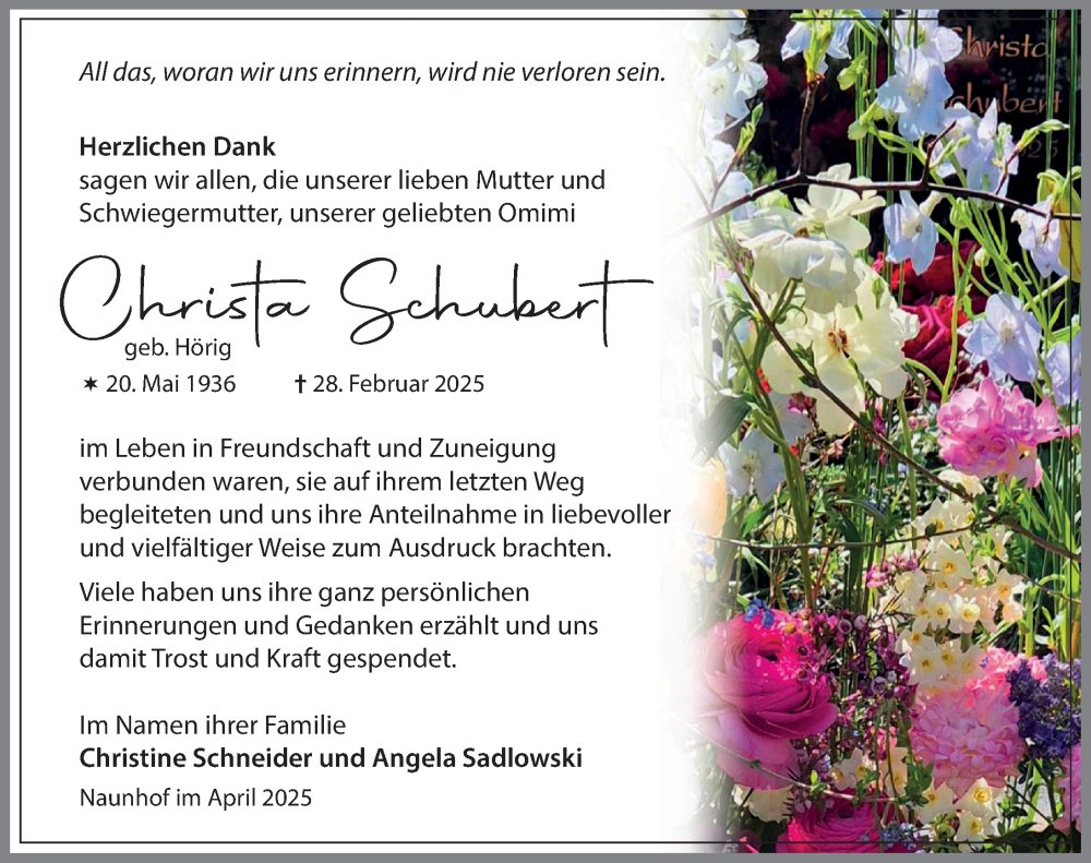 Traueranzeige für Christa Schubert vom 12.04.2025 aus Leipziger Volkszeitung