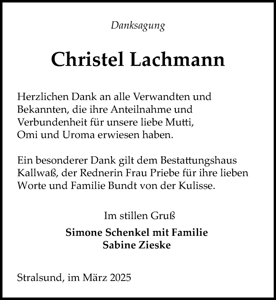  Traueranzeige für Christel Lachmann vom 05.04.2025 aus Ostsee-Zeitung GmbH