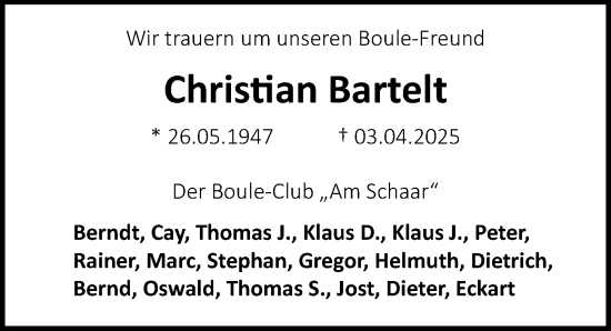 Traueranzeige von Christian Bartelt von Lübecker Nachrichten