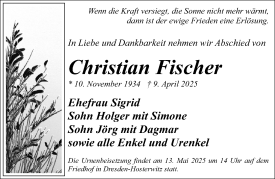 Traueranzeige von Christian Fischer von Sächsische Zeitung