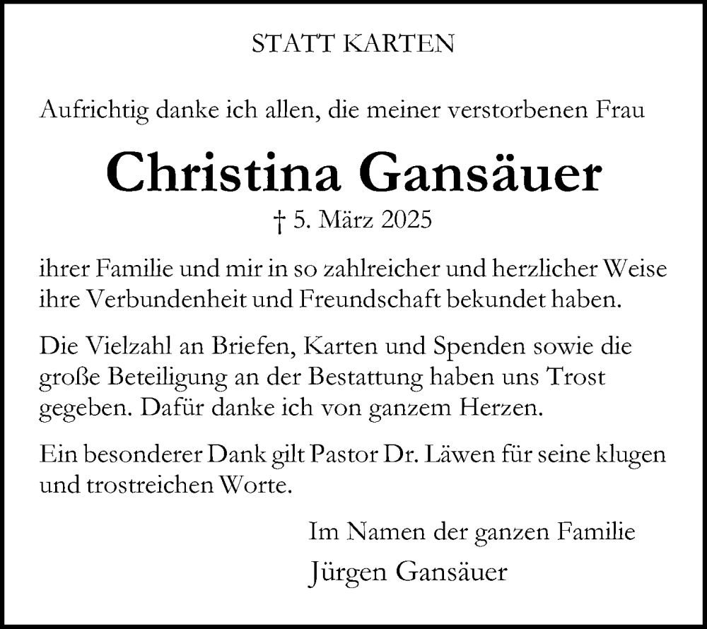  Traueranzeige für Christina Gansäuer vom 05.04.2025 aus Hannoversche Allgemeine Zeitung/Neue Presse