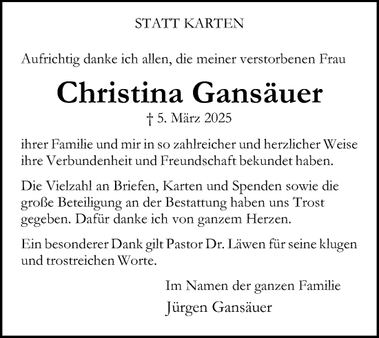 Traueranzeige von Christina Gansäuer von Hannoversche Allgemeine Zeitung/Neue Presse
