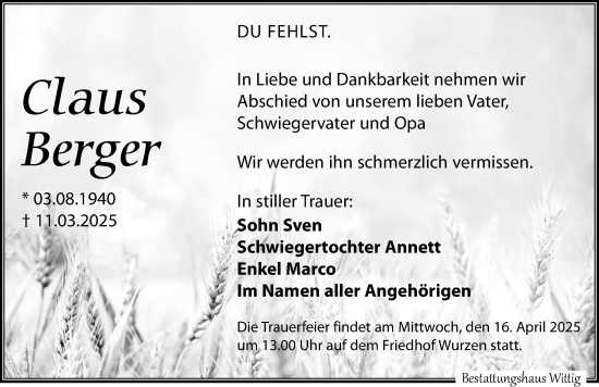 Traueranzeige von Claus Berger von Leipziger Volkszeitung