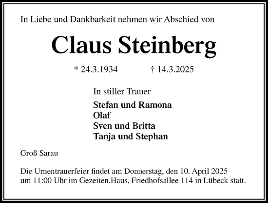Traueranzeige von Claus Steinberg von Lübecker Nachrichten