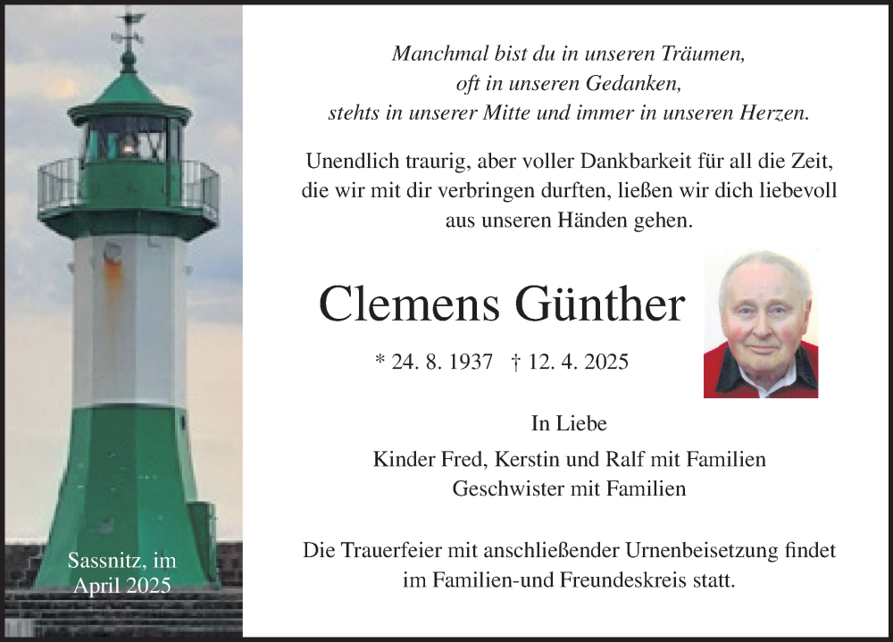  Traueranzeige für Clemens Günther vom 19.04.2025 aus Ostsee-Zeitung GmbH