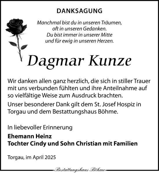 Traueranzeige von Dagmar Kunze von Torgauer Zeitung