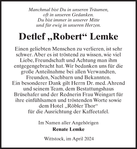 Traueranzeige von Detlef Lemke von Wochenspiegel