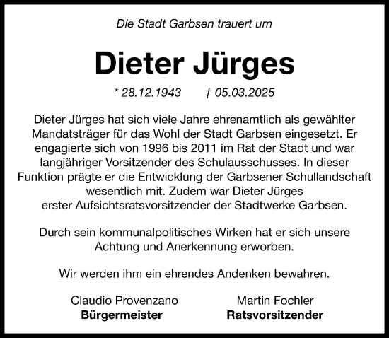 Traueranzeige von Dieter Jürges von Hannoversche Allgemeine Zeitung/Neue Presse