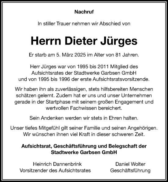 Traueranzeige von Dieter Jürges von Hannoversche Allgemeine Zeitung/Neue Presse