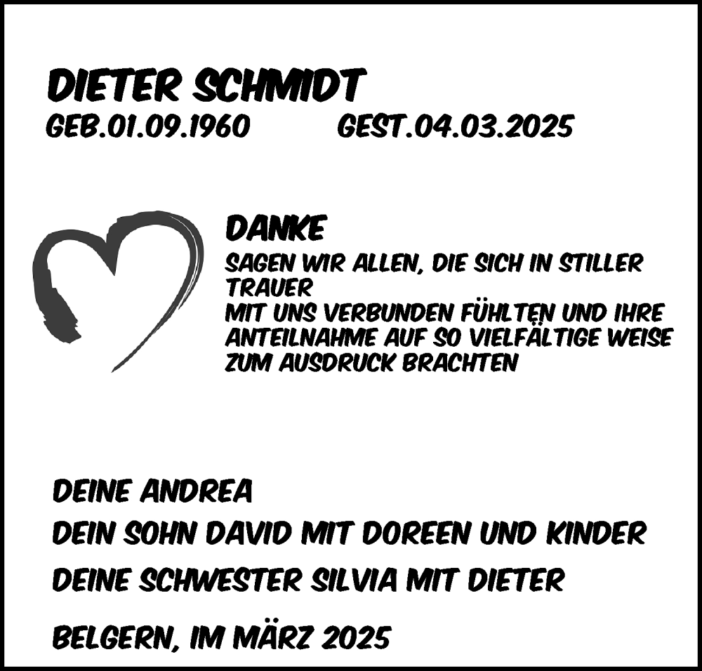  Traueranzeige für Dieter Schmidt vom 26.04.2025 aus Torgauer Zeitung