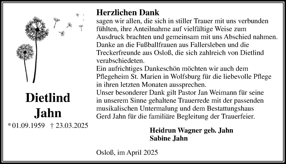  Traueranzeige für Dietlind Jahn vom 26.04.2025 aus Aller Zeitung