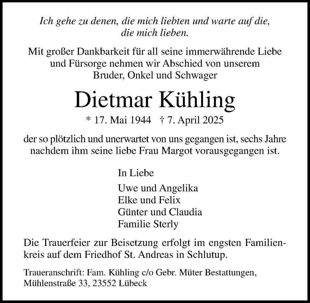  Traueranzeige für Dietmar Kühling vom 20.04.2025 aus Lübecker Nachrichten